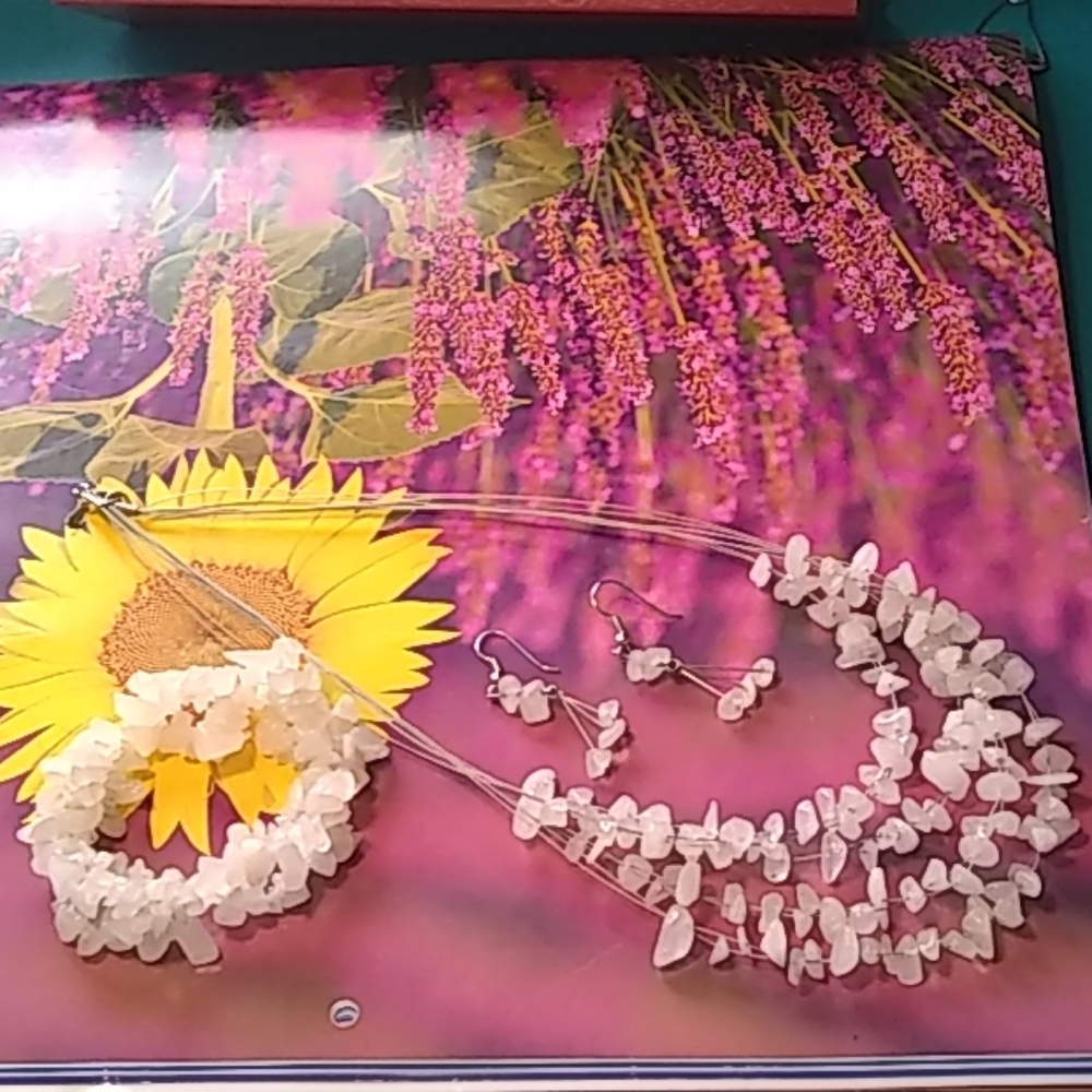 Necklace Bracelet Earrings Set, White Stones